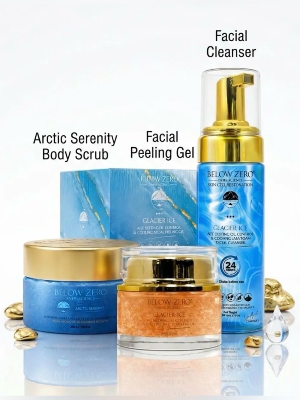 Below Zero Arctic Serenity BUNDLE, Body Scrub, Peeling Gel, & Lava Foam Cleanser